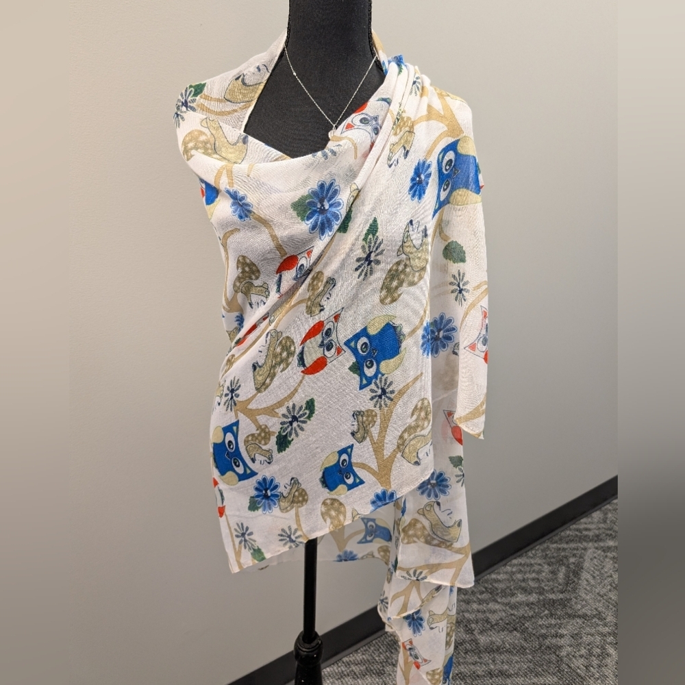 Floral Owl Print Scarf White Blue and Red 69" x 36"